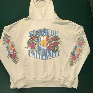 Rhude Off-White Hoodie with Blue and Floral Design